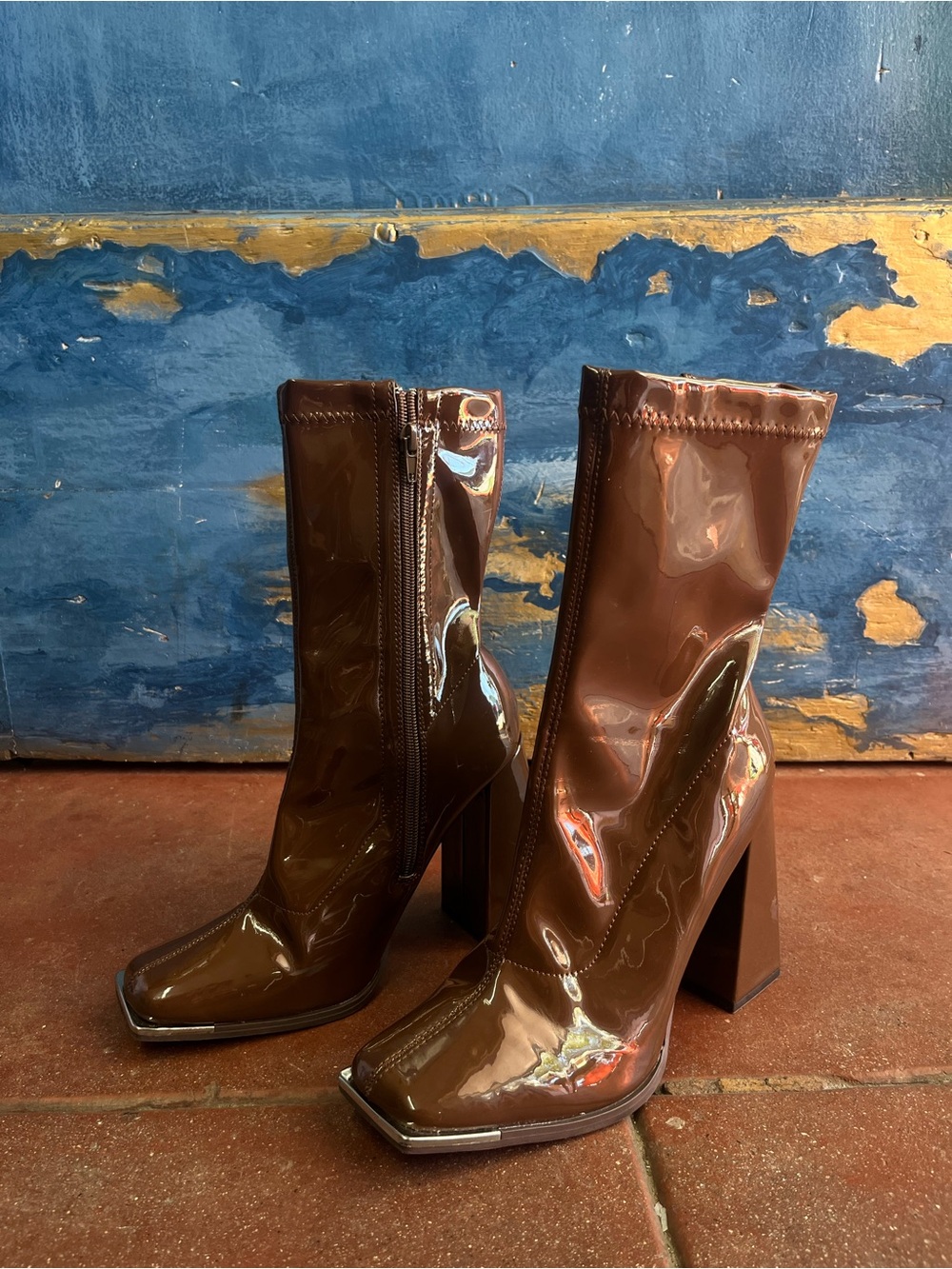 Forever 21 Brown Patent Block Heel Ankle Boots